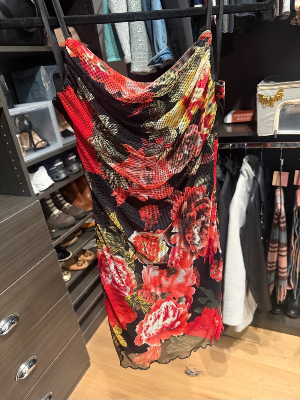 superdown Black Mini Slip Dress with Red Floral Print